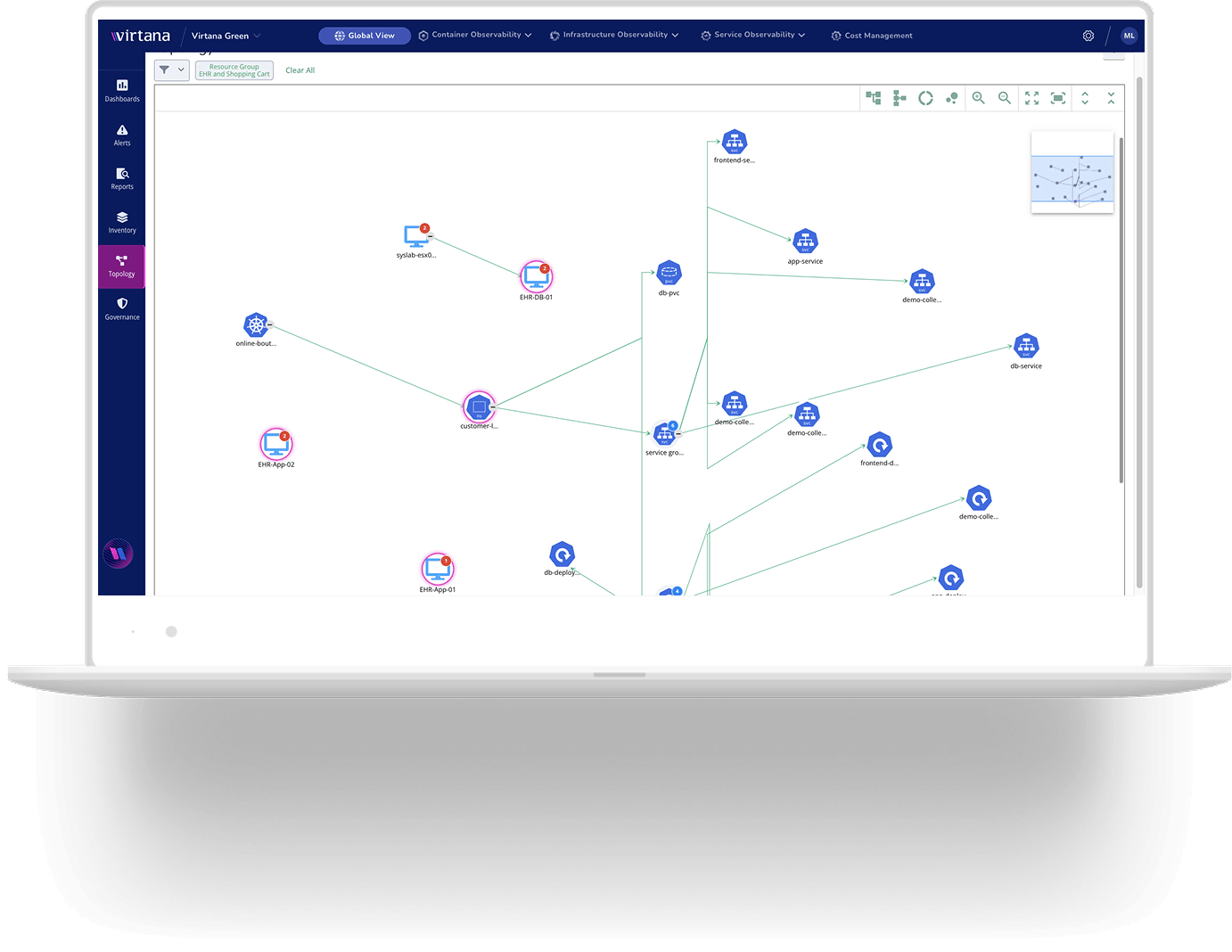 Virtana platform showing AI agent topology and dependencies